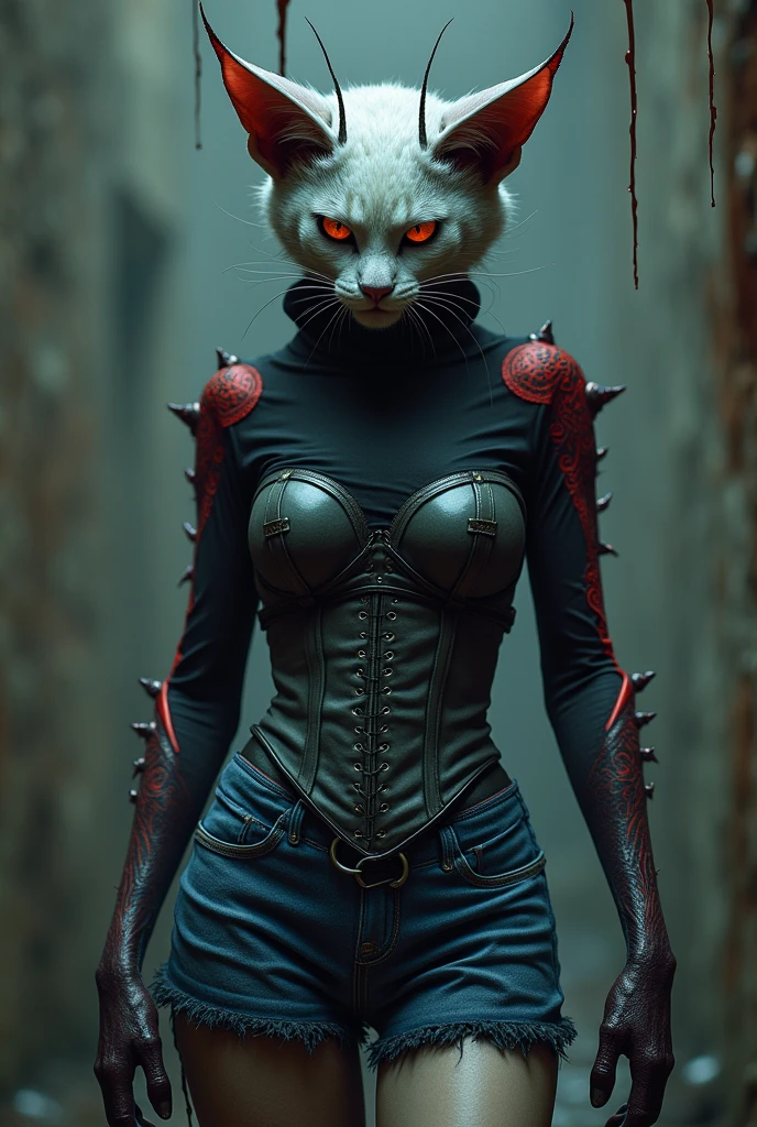 . It's a spider cat demon
.She has a dark grey corset
. He has a black shirt with red details on the sleeves.
. He has blue shorts
. And he has red arms and black legs as if he had a stain slowly gripping him.