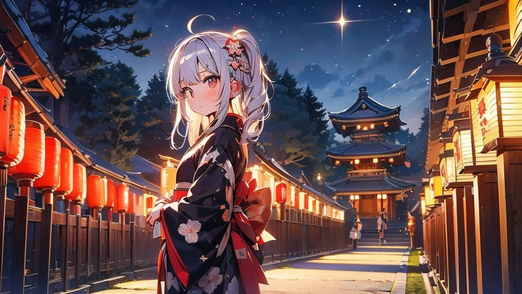 High resolution, high quality, Silver Hair, Shiny Hair, Golden Eyes, Close your mouth, Japan,Japanのfestival,shrine,festival,Lantern,Lantern,night,Wide-angle shot, Character portrait, Hairpin, Sparkle Effect, Halftone Style, abstract, 