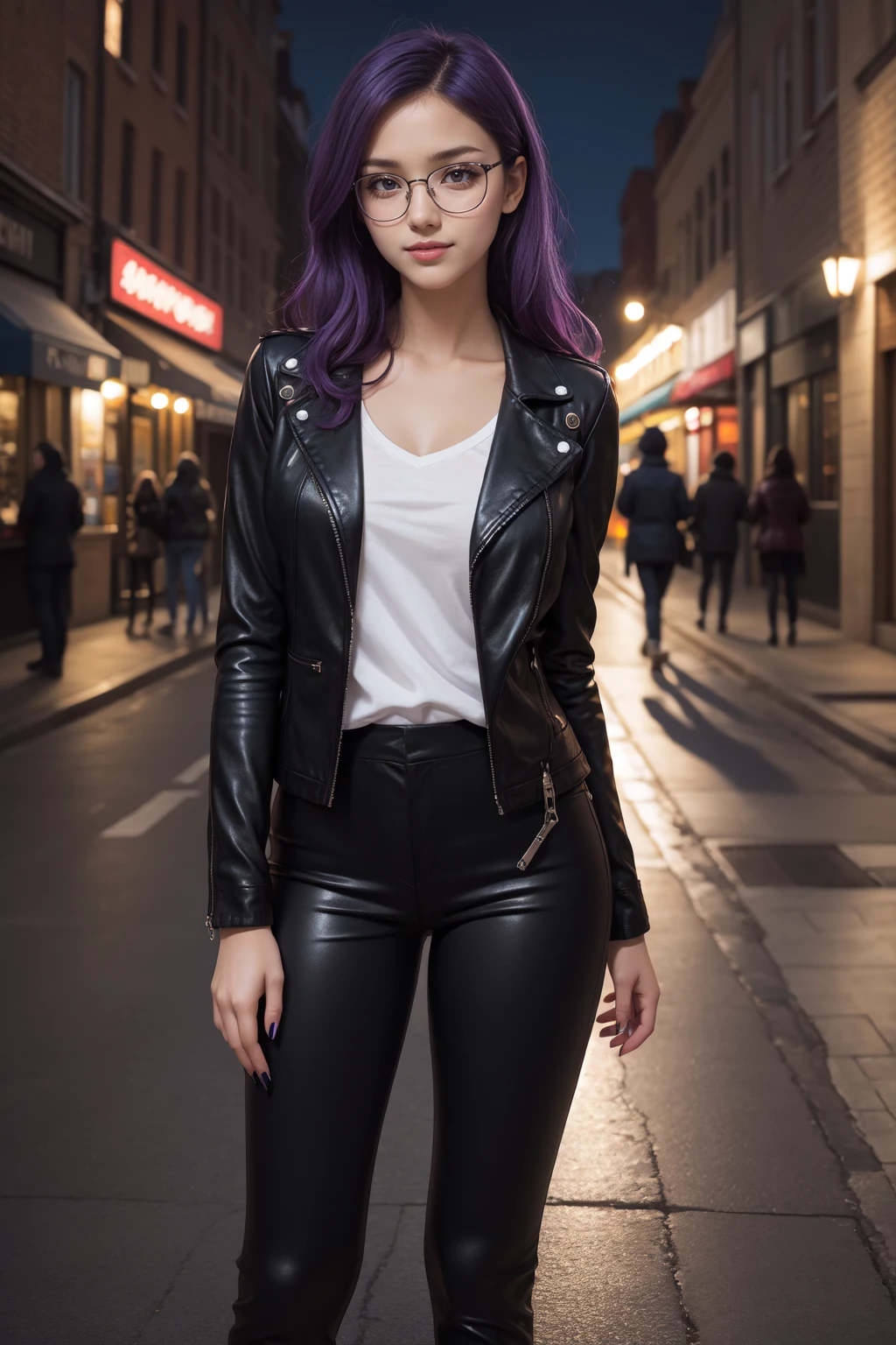 Beautiful realistic girl with red lipstick, rosy cheeks, big Blue eyes, lined up horizontally near the nose, thin eyebrows, long straight purple hair, with nails, painted black, in a black leather jacket with a zipper,with a strap with rivets,black pants, standing,with a shy smile, transparent glasses, filmed as if in the palm of your hand,  with 100k resolution with 18mm lens and aperture/1.8 aperture, with a blurred background of a night city with illuminated buildings