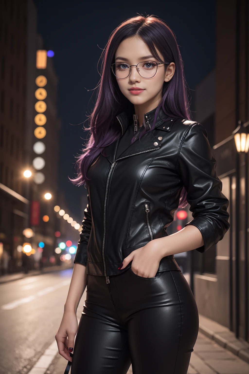 Beautiful realistic girl with red lipstick, rosy cheeks, big Blue eyes, lined up horizontally near the nose, thin eyebrows, long straight purple hair, with nails, painted black, in a black leather jacket with a zipper,with a strap with rivets,black pants, standing,with a shy smile, transparent glasses, filmed as if in the palm of your hand, with 100k resolution with 18mm lens and aperture/1.8 aperture, with a blurred background of a night city with illuminated buildings