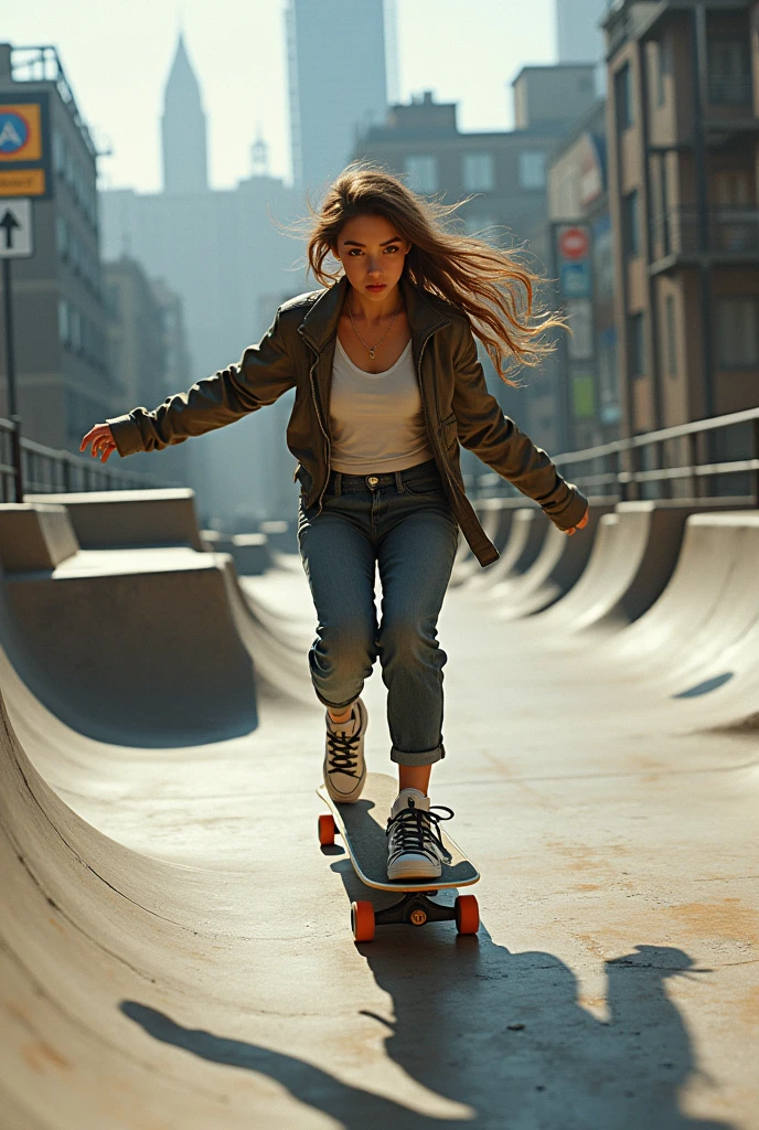 female person skateboarding in a realistic skate park