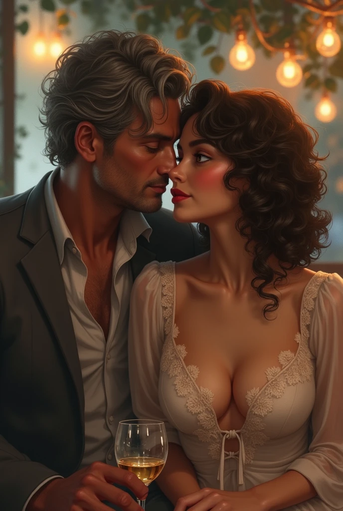 Draw a brunette girl, CURLY HAIR, thick nose, pretty, A big-titted girl who falls in love with an old man
