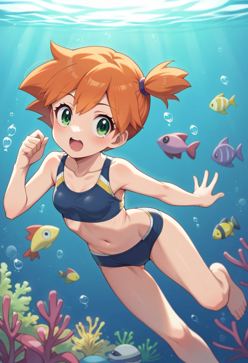 Misty_pokemon , Berry Short,Orange Hair, one side up hair ,Big green eyes,Small breasts,Skinny , akane's .foreshortening,  profundidade de campo, master part, best quality,  underwater, bolha de ar, sozinho, Olhando para o Viewer,  swimsuit, swimming,  luz solar fraca,