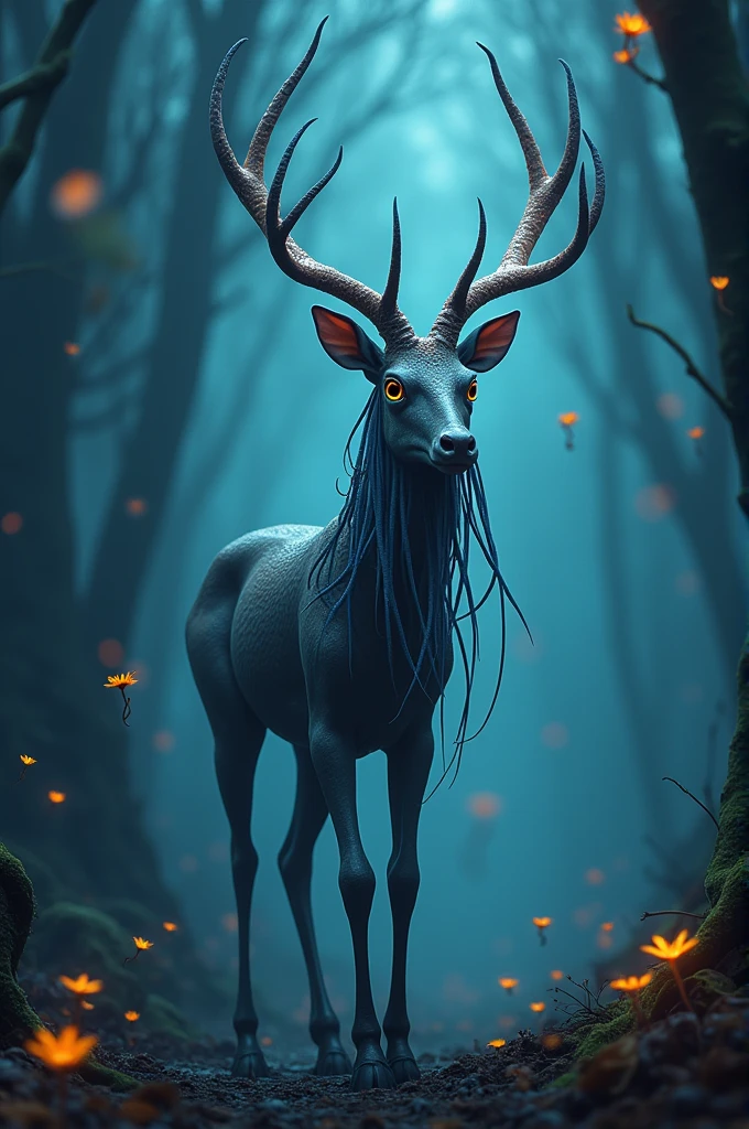 Create an image of a unique genetic fusion between a squid and a deer. This creature should have the body and elegant legs of a deer, but with the head of a squid, including its large, intelligent eyes and multiple flowing tentacles where the antlers would be. The skin should have a sleek, wet texture, blending marine and woodland elements. The environment is a mystical forest with bioluminescent plants, where this hybrid creature moves gracefully through the shadows, combining the eerie beauty of the deep sea with the serenity of the forest.