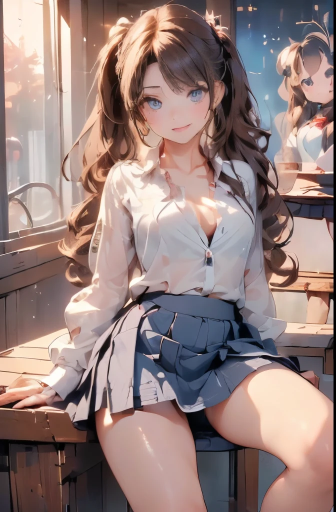 ((((Highest quality, High resolution)))), Extremely detailed 8K, Beautiful girl with slim body, (Ultra HD, Very detailed, Very detailed, Very realistic, Ultra-realistic, Photo Real), (One girl:1.5), Long Hair、Twin tails、Brown eyes, (Medium Breast: 1.2), (Beautifully detailed face, Beautiful attention to detail), (Sheer blouse:1.4),(Cleavage)、(Light of the sun, sunlight),(slender:1.5),(Light clothing:1.6),(Open chest)、(Idol face:1.7),(Beautiful eyes)、(Beautiful face)、(Toned body:1.5),(masterpiece:1.8),Blushing、Beautiful Skin、Moist eyes、Embarrassed expression、smile、(Slim and beautiful legs:1.4),(mini skirt:1.4),(Panty shot:1.4),(squat:1.2)、(Charm:1.3),(Seductive posture:1.4),(from the front)、Shine、(Low - Angle)、(Brown Hair)、