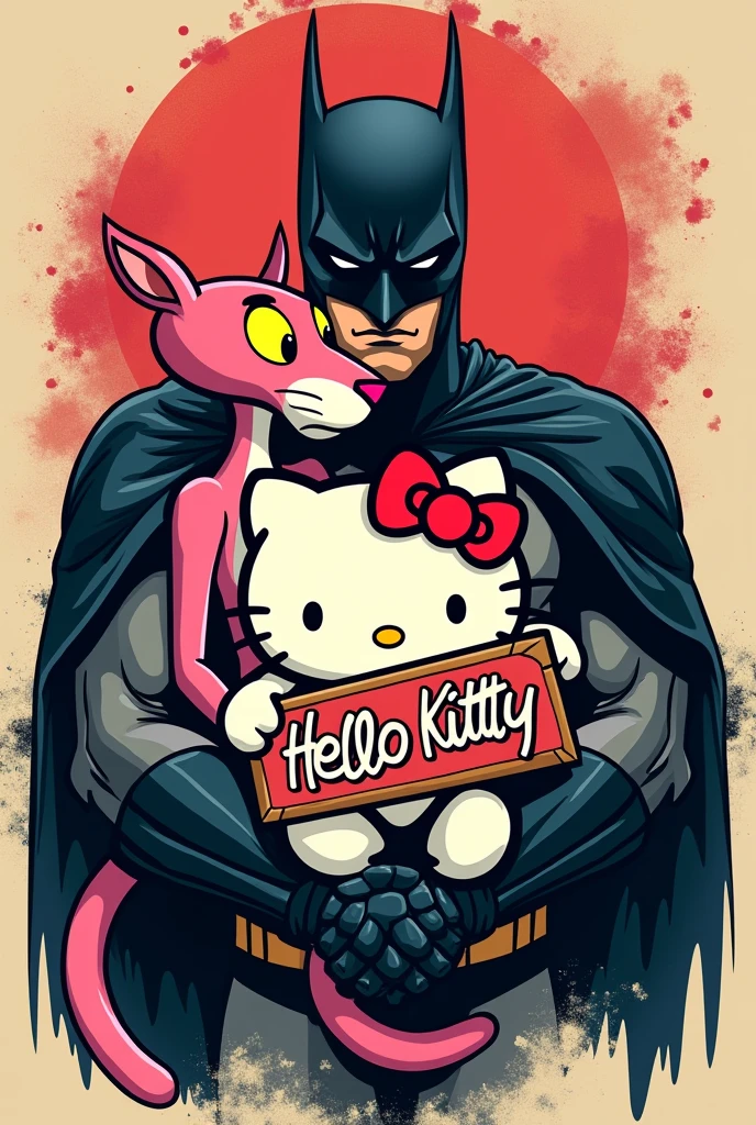 Tattoo of batman and the pink panther holding a hello kitty sign