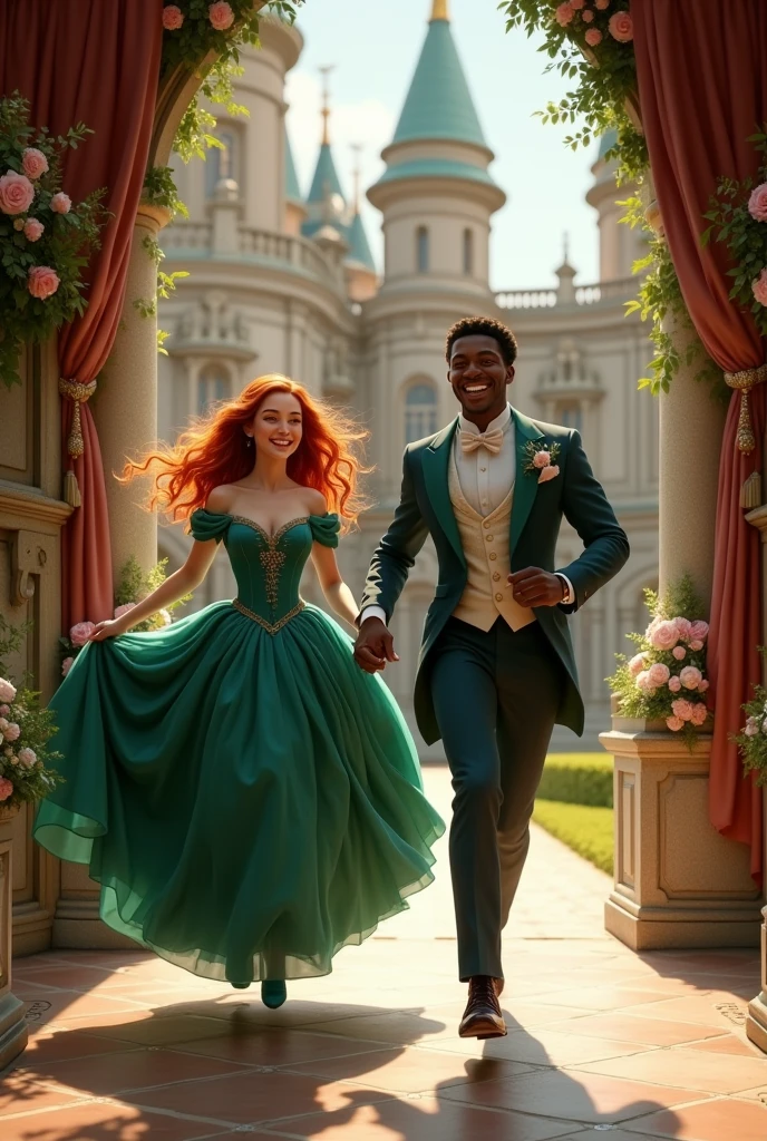 Make a photo of a prince and princess couple in the Victorian era in realism, running out of a castle hand in hand, they are laughing a lot, and the castle has a wedding decoration.
The princess is aged 18 and wears a long, puffy emerald green dress., with long, hip-length red hair, wavy and loose, she is white with blue eyes, She holds the hem of her dress with one hand while holding her lover's hand with the other..
The prince is 2., dark skin tone but being a mixed race African and European. His Afro features are evident but softened due to his genetic mix., with short straight hair but well shaped on her face, green eyes and smiles happily, he wears a wedding suit. He was the groom.