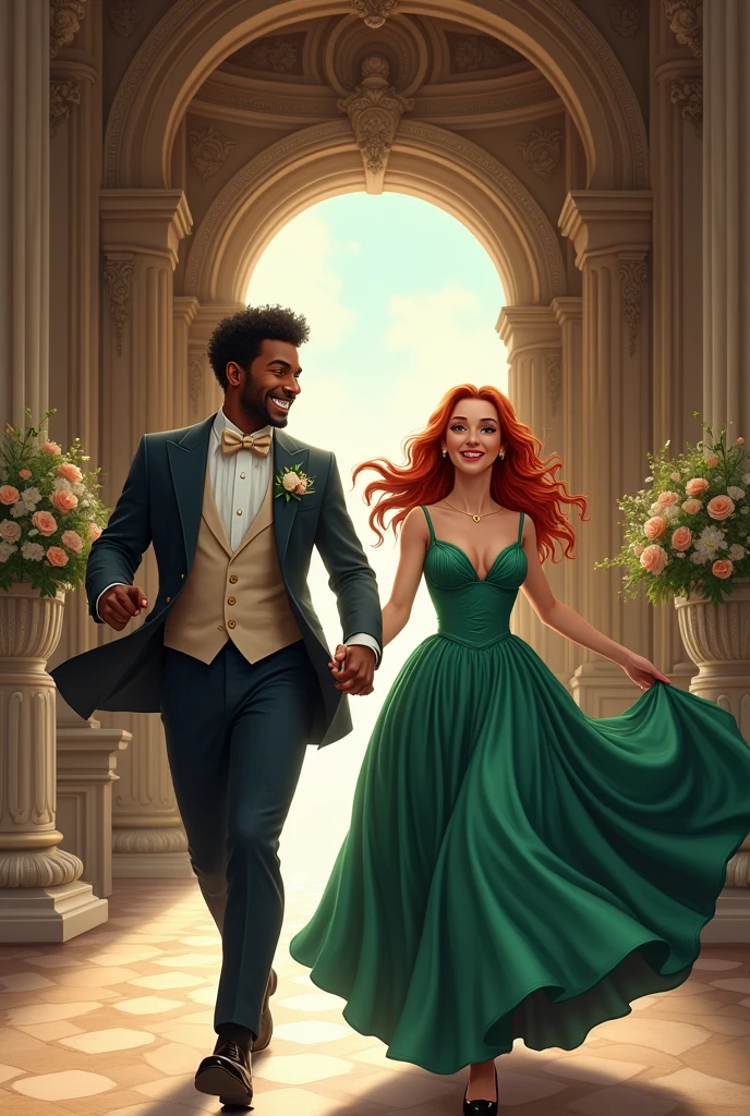 Make a photo of a prince and princess couple in the Victorian era in realism, running out of a castle hand in hand, they are laughing a lot, and the castle has a wedding decoration.
The princess is aged 18 and wears a long, puffy emerald green dress., with long, hip-length red hair, wavy and loose, she is white with blue eyes, She holds the hem of her dress with one hand while holding her lover's hand with the other..
The prince is 2., dark skin tone but being a mixed race African and European. His Afro features are evident but softened due to his genetic mix., with short straight hair but well shaped on her face, green eyes and smiles happily, he wears a wedding suit. He was the groom.