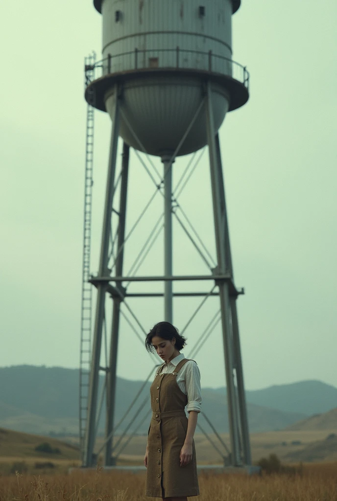 Water tower with spout touching woman in pinafore vest