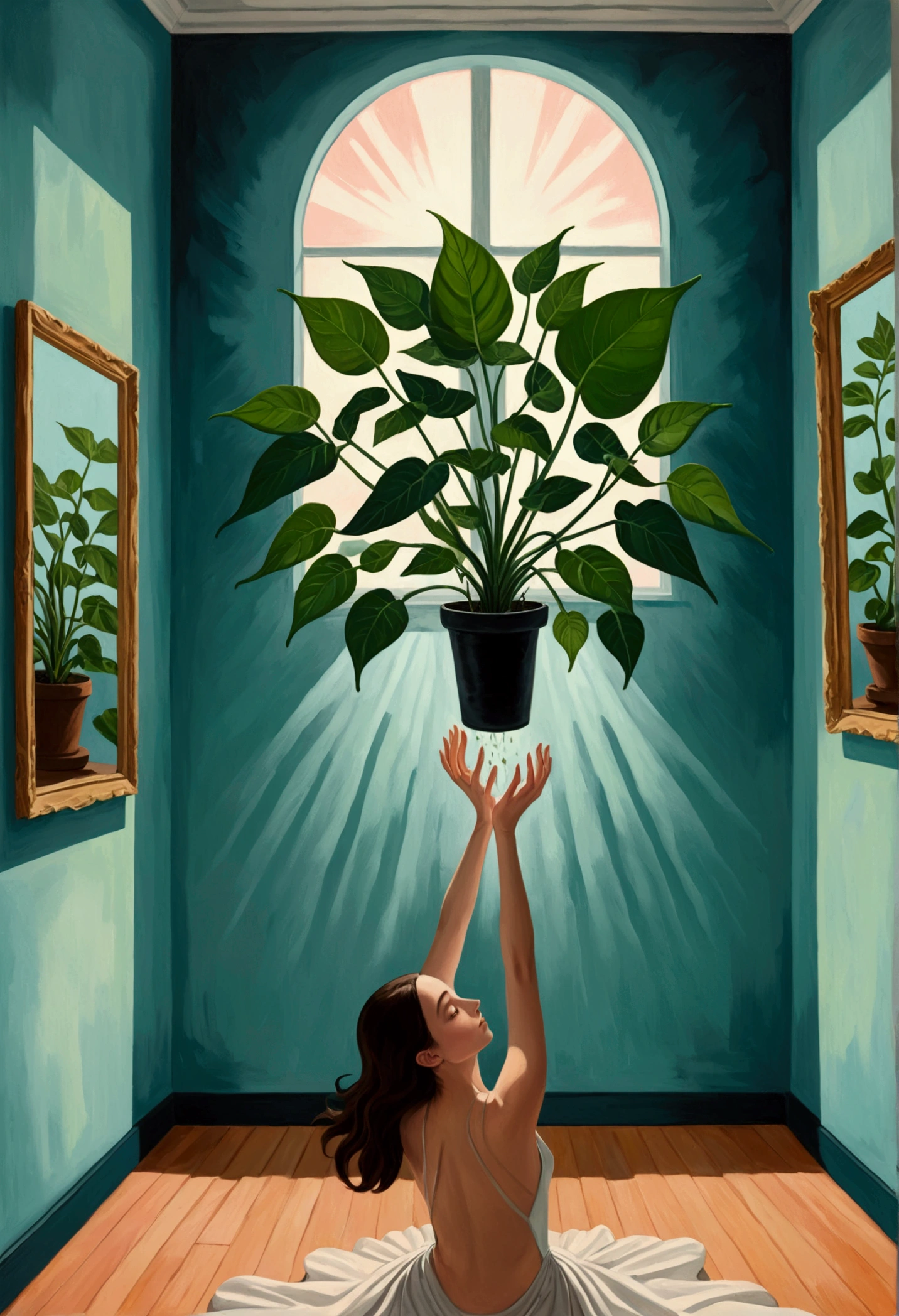 painting of a room with a plant and several hands reaching out of it, a surrealist painting by Anna Haifisch, tumblr, surrealism, surreal painting, surrealistic painting, surrealist painting, surrealist artwork, surrealism aesthetic, surreal oil painting, surreal illustration, surrealist art, whimsical surrealism, dreamy painting of coronavirus, surreal art, abstract surrealism masterpiece
