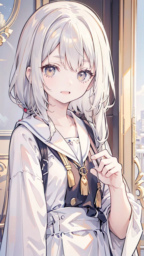 Top quality, High image quality, masterpiece, White hair, Golden Eyes, White clothes, look up, Upper Body, Hair, White skin, Side Braid, Smile, Double teeth