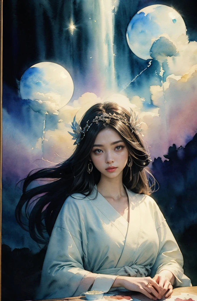 (Tabletop, Highest qualityの, Highest quality, Official Art, (beautifully、aesthetic:1.4), (Watercolor:1.4) ), (Izanami 1.5), 日本のgod話の女god, Majestic beauty, 創造の女god、生命の女god、Typically、((((Typically))))、Reincarnation Support, god&#39;Grace, Gentle and meditative expressions, Flowing, celestial garments, Shine、Created all the landscapes and worlds on Earth, A dazzling dance of light, Whispers of Ancient Legends，god秘的な着物姿、Full moon in the upper left of the background、Night view