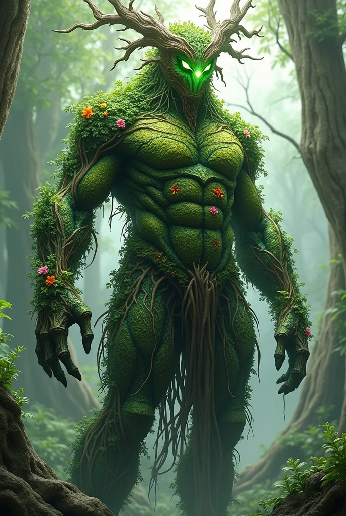 
Height: 30 meters Appearance:

cos: Made from a dense mixture of intertwined vines, leaves and roots. Your skin is a combination of vibrant greens, with tones ranging from emerald to lime green. Parts of your body, like arms and legs, are adorned with flowers that bloom and close as he moves.
head: instead of a human head, Verdantus has a crown of twisted branches and colorful blooms, resembling the crown of a tree. His eyes are glowing orbs of greenish light, radiating a peaceful energy, More intense.
muka: Its face is composed of a rustic tree bark texture., and around the mouth there are small flowers that emit a soft perfume.
hands: Your fingers are thick roots, capable of extending and trapping enemies or anchoring themselves into the ground to gain strength.
Personalidade:

bravo: Verdantus is the protector of the forests and will react with fury against anyone who threatens nature., but his anger is directed and controlled, never chaotic.
lightness: Despite its grandeur and power, Verdantus exudes a sense of tranquility. He is a guardian who prefers to restore and protect, but does not hesitate to fight when necessary.
skills:

Vegetation Control: Verdantus can command the flora around him, making plants grow quickly, entangle enemies, or form barriers.
Regeneration: It is able to regenerate itself using the vital energy of nearby plants..
cloathing: When necessary, Verdantus can blend in with forests, becoming almost indistinguishable from the vegetation around it.
demeanor: He prefers to avoid conflicts, resolving situations peacefully when possible. however, if forests or the beings they protect are threatened, he rises with all his strength, showing his true fury. at the forest