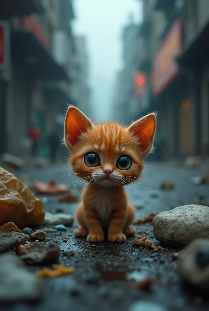The Abandoned Kitten
A tiny, scruffy orange kitten with large, frightened eyes is left alone on the side of a busy street, surrounded by discarded trash. The background is dark and gloomy, emphasizing the harsh reality of abandonment.