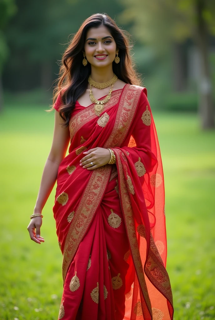 perfect Indian sexy wife with folded sleeveless red floral saree , HDR, 8k, hyper detailed, best quality, ultra-high resolution, HDR, 8k, walking on the lawn , look at viewer, waist level view, bright smile, wearing gold ornaments, casual pose , average body with 36 D size breasts,28 hip size and 36 waist size, Having big breasts, waist level view, show background