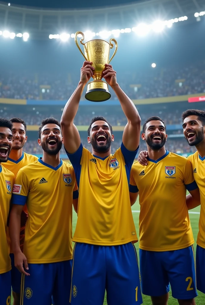 Kerala Blasters Football team celebrating with indian Super League Trophy in a full packed football stadium. Players Jersey is Yellow T shirt and Blue shorts. Kerala Blasters Logo is in the Tshirt chest