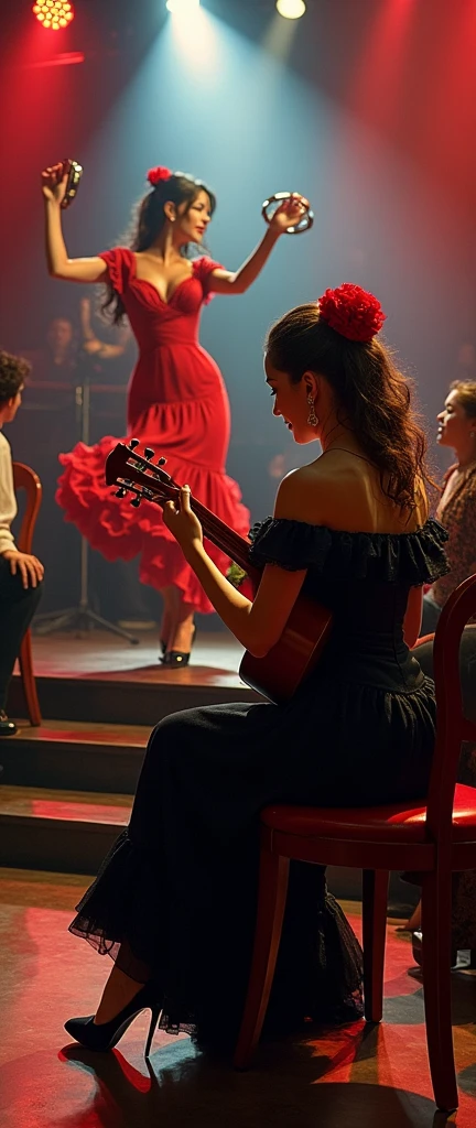 country of passion,  2 girls, 1 girl is A Spanish beautiful girl,  girl,  she is 18-age,  (dark brown hair , brown eye, middle curl hair, little smile ), (tradition Black Spanish dress and skirt , hi-heal ),((sitting play flamenco guitar: 1.3))  ,another girl is 22-age,(traditional red dress and skirt with tambourine),dynamic dancing Flamenco , on stage, in Madrid night bar, on chair, many listener,  spotlighting ,(super detail, high details, high quality, accurate, anatomically correct, textured skin, beautiful fingers super detail, high details, high quality, best quality)