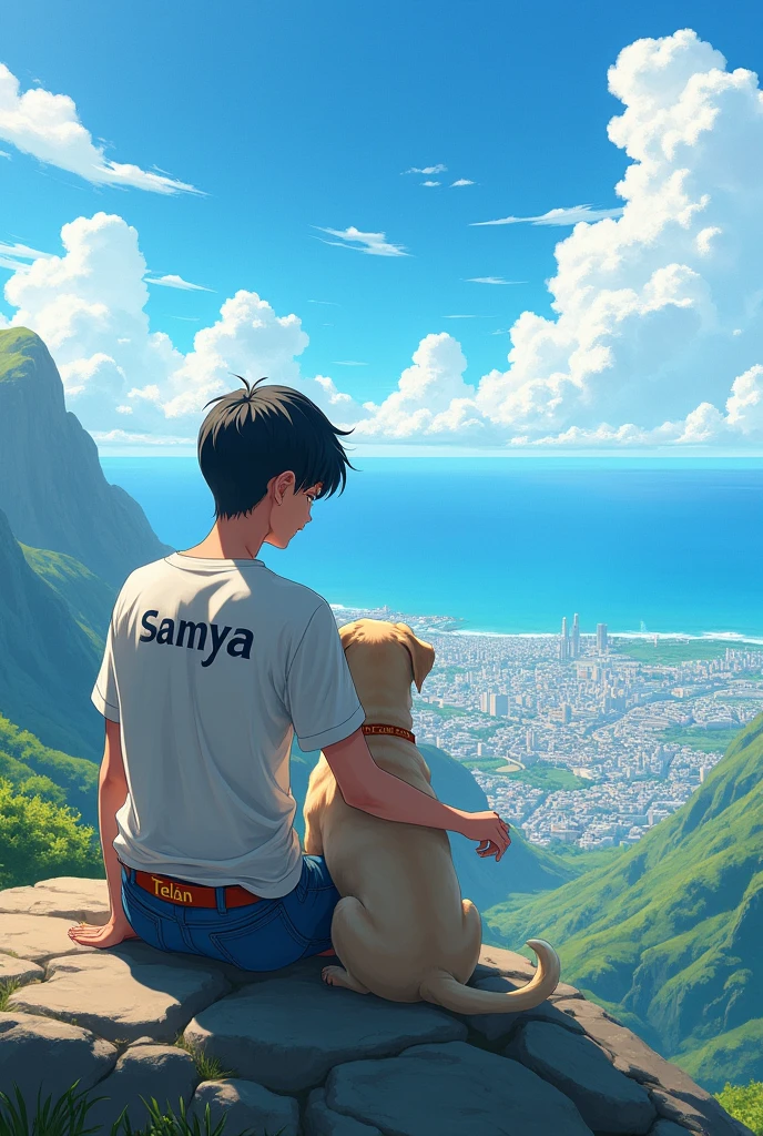 a teen Ager anime boy sit on mountain on the back of his shirt  is written samya he see all the city and sea her hand on a labrador dog is belt is written telain a very summer day 