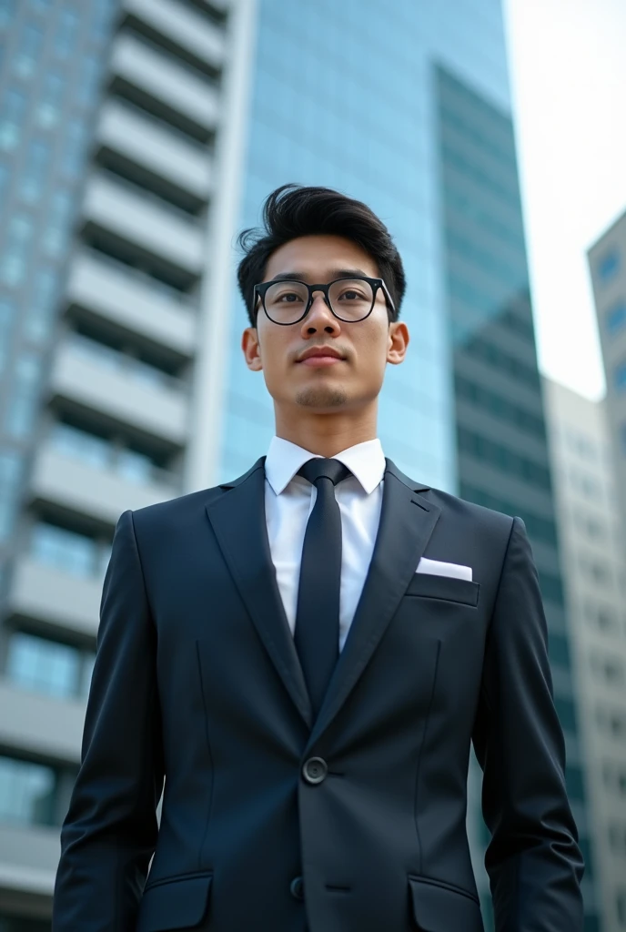 A office Asian young man 2 with glasses in front of a building