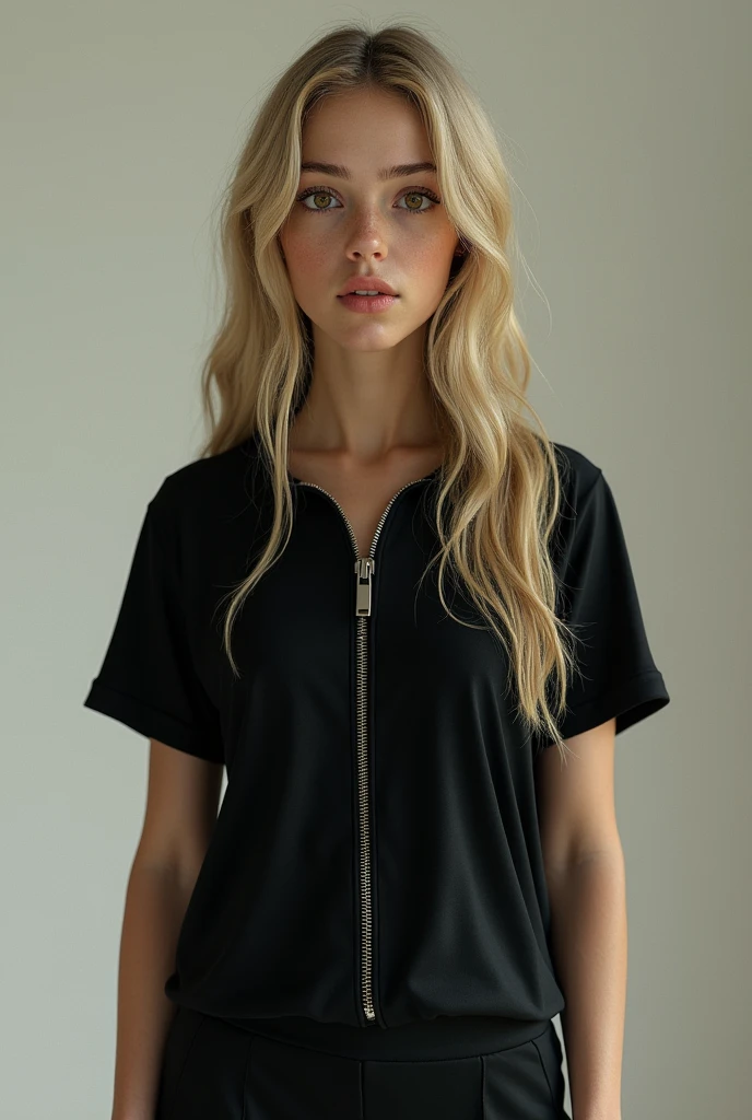 marym0rgan standing, 1 girl, hair blonde, standing alone, black jersey, eyes browns,  realisitic, ,  [[xl_zipper_真实感]]