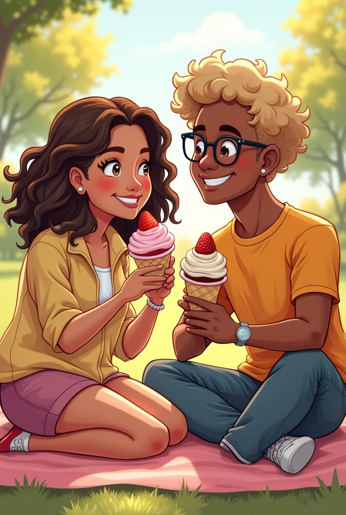 Drawing of Neapolitan ice cream and a happy couple, the white woman with wavy black hair and the light black man with curly hair wearing glasses