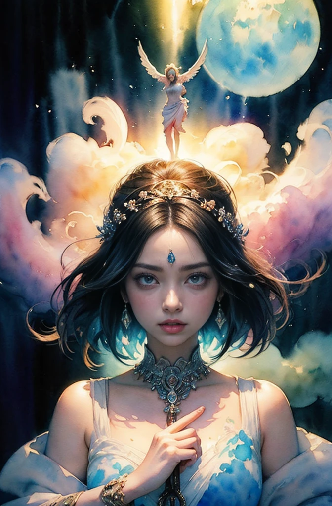 (Tabletop, Highest qualityの, Highest quality, Official Art, (beautifully、aesthetic:1.4), (Watercolor:1.4) ), (Izanami 1.5), 日本のgod話の女god, Majestic beauty, 創造の女god、生命の女god、Typically、((((Typically))))、Reincarnation Support, god'Grace, Gentle and meditative expressions, Flowing, celestial garments, Shine、Created all the landscapes and worlds on Earth, A dazzling dance of light, Whispers of Ancient Legends