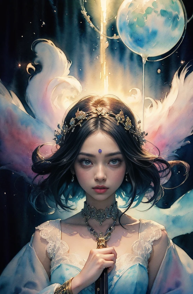 (Tabletop, Highest qualityの, Highest quality, Official Art, (beautifully、aesthetic:1.4), (Watercolor:1.4) ), (Izanami 1.5), 日本のgod話の女god, Majestic beauty, 創造の女god、生命の女god、Typically、((((Typically))))、Reincarnation Support, god&#39;Grace, Gentle and meditative expressions, Flowing, celestial garments, Shine、Created all the landscapes and worlds on Earth, A dazzling dance of light, Whispers of Ancient Legends