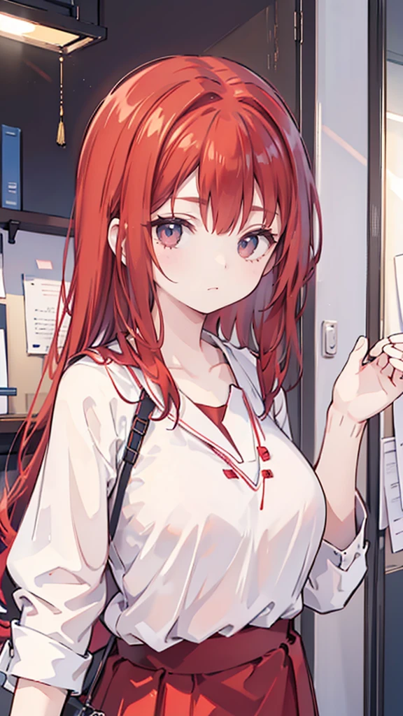 Portrait of a beautiful 1 girl, Red hair, Gorgeous Chinese, Wearing cotton, At the door, (Dark private office, Dark melancholy light: 1.2)