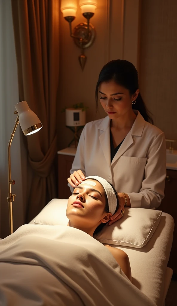 pakistani doctor, esthetician clothing, aesthetic clinic, sitting in a facial clinic, with a client laying on spa bed with face pack on face, beautiful detailed eyes, beautiful detailed lips, extremely detailed face and features, intricate details, photo-realistic, 8k, high resolution, masterpiece, cinematic lighting, dramatic shadows, warm color tones, elegant, professional, wide angle shot