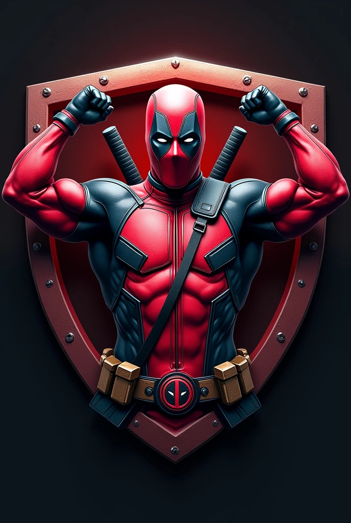 Design a logo that features an ultra-realistic representation of a Deadpool-like character, with victorious hands both raised in triumph. The character must be integrated into a shield-shaped emblem. The design should be detailed and realistic, capturing the character's iconic costume and his playful yet triumphant expression.