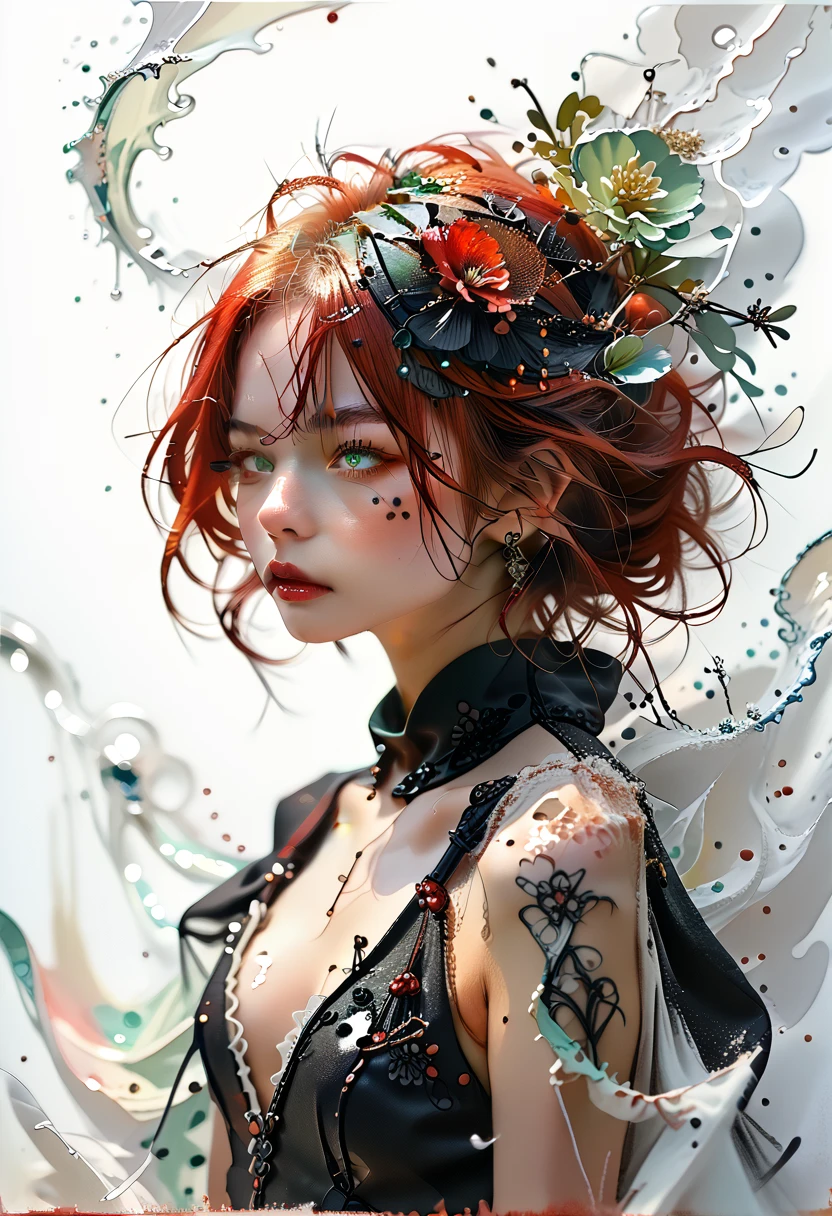 A black woman with red hair and light green eyes, wearing elegant party clothes, with scattered contours and white background, intricate details, low key, watercolor, splash