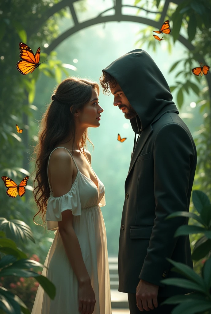 Create an image where a boy and a girl are inside a butterfly house. She has a white nightgown and long hair.. The boy has a black hooded suit. She has her back to him while he speaks in her ear. more realistic and both are separated. They are both adults. MORE ADULTS AND HE IS BEHIND HER. BOTH SEPARATED AND MORE BUTTERFLIES. SEPARATED PLEASE LET THEM BE SEPARATED 