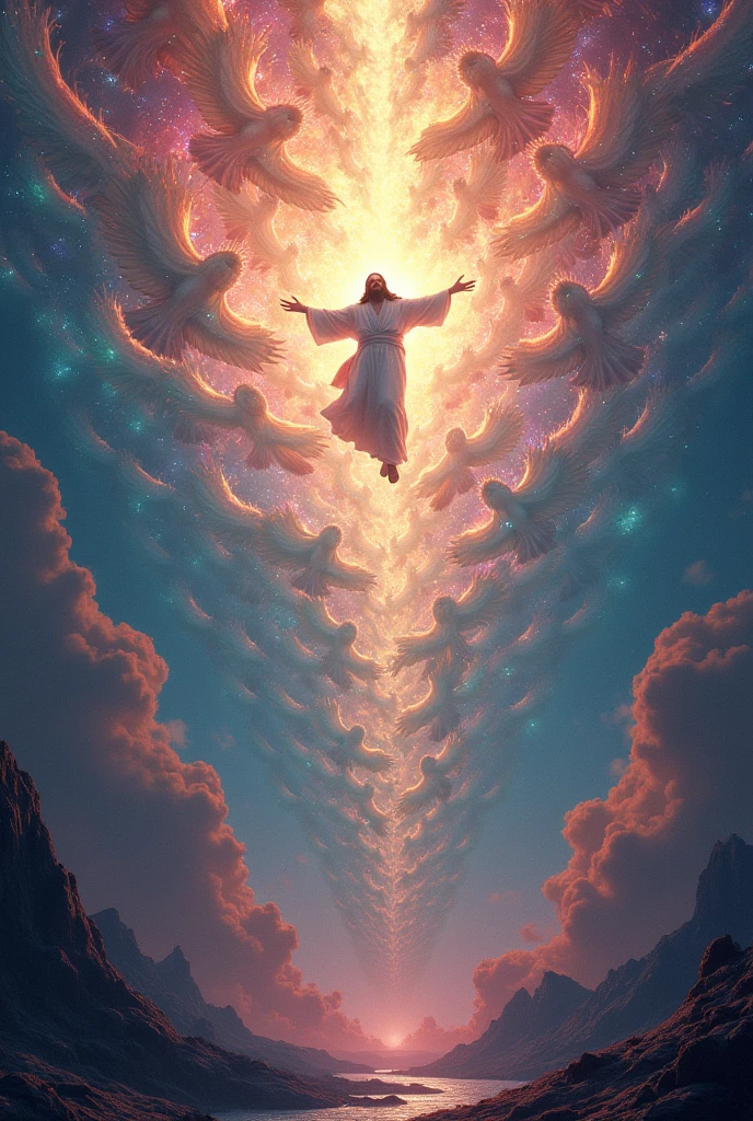 Jesus coming in the clouds with thousands of angels. swirly vibrant colors, surreal, digitl art, brain waves, flow of information, cultural transmission, subconscious, abstract pattern, psychedelic, neon colors, glitch art, cyber punk, cinematic lighting, hyper detailled, 8k, photorrealistic, Volumetric, Ray traced, studio lighting, swirly vibrant colors, psychedelic elements, viral content, social media, cultural phenomenon