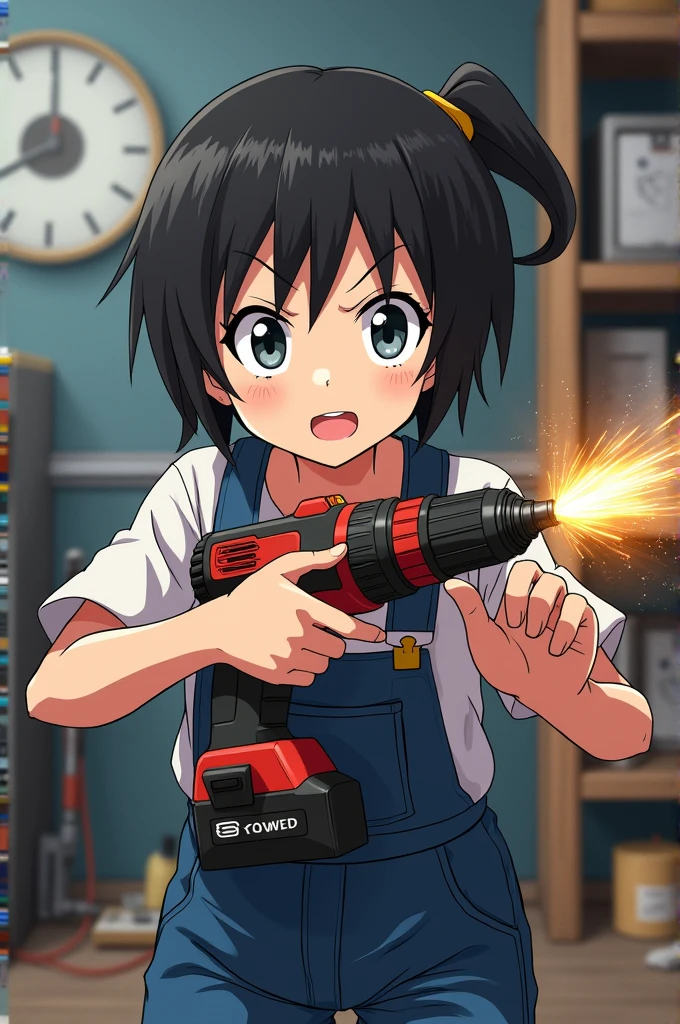 Anime with cordless drill in hand