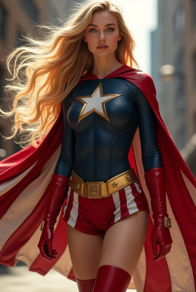 (photorealism:1.2), beautiful blonde woman, patriotic superhero, lanky frame, small breasts, muscular, extremely long blonde hair, All-American, red and white stripe cape, white star on the chest in a ring of gold stars, red and white stripe miniskirt, thigh high red boots, long red gloves, dark blue top with long sleeves, gold utility belt, Katherine McNamara