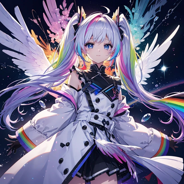 ((Archangel Fantasy Rainbow Hair Dye the inside of your hair rainbow colors Twin tails Rainbow Eyes starの虹彩 Has a shiny ball Put on a coat without putting your arms through it Wings many times larger than mine rainbow gradient feathers Lonely Smiling Kindly Left facing)) ((tears gloves)) (Broken glass Rolling Pebble Distorted Space-Time star) Catch the wind milky way Shining Background Particles of light, rainbow colored edges Shining Edges star