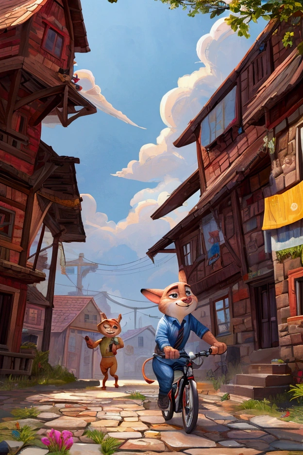 3 Cartoon piglets riding bicycle on cobblestone road in village, game button art, Game illustration, lovely digital painting, artstation for kids art, Official artwork, key art, mobile game art, cover game art, zootopia concept art, art for the game, animated cartoon, GameCG, WLOP and Greg Rutkoski, offcial art, Cartoon concept art
