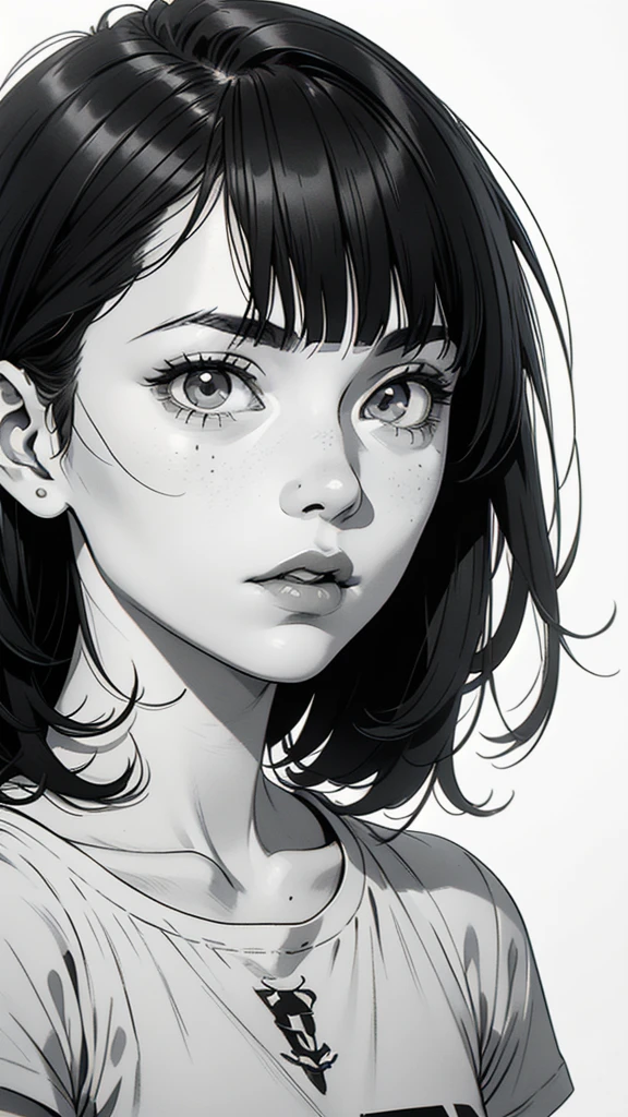 1 boyish girl, solo, sharp eyes, monochrome, greyscale, short black hair, portrait, white T-shirt, thin eyebrows, closed mouth, looking at viewer, graphite \(medium\), detailed lips, hatching \(texture\), without makeup, full bangs, upper body, (best illustration), (best quality), (very detailed), (masterpiece), expressionless,