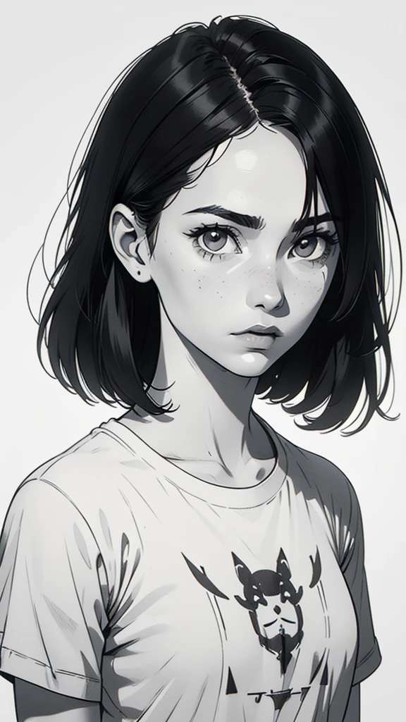 1 boyish girl, solo, sharp eyes, monochrome, greyscale, short black hair, portrait, white T-shirt, thin eyebrows, closed mouth, looking at viewer, graphite \(medium\), detailed lips, hatching \(texture\), without makeup, full bangs, upper body, (best illustration), (best quality), (very detailed), (masterpiece), expressionless,