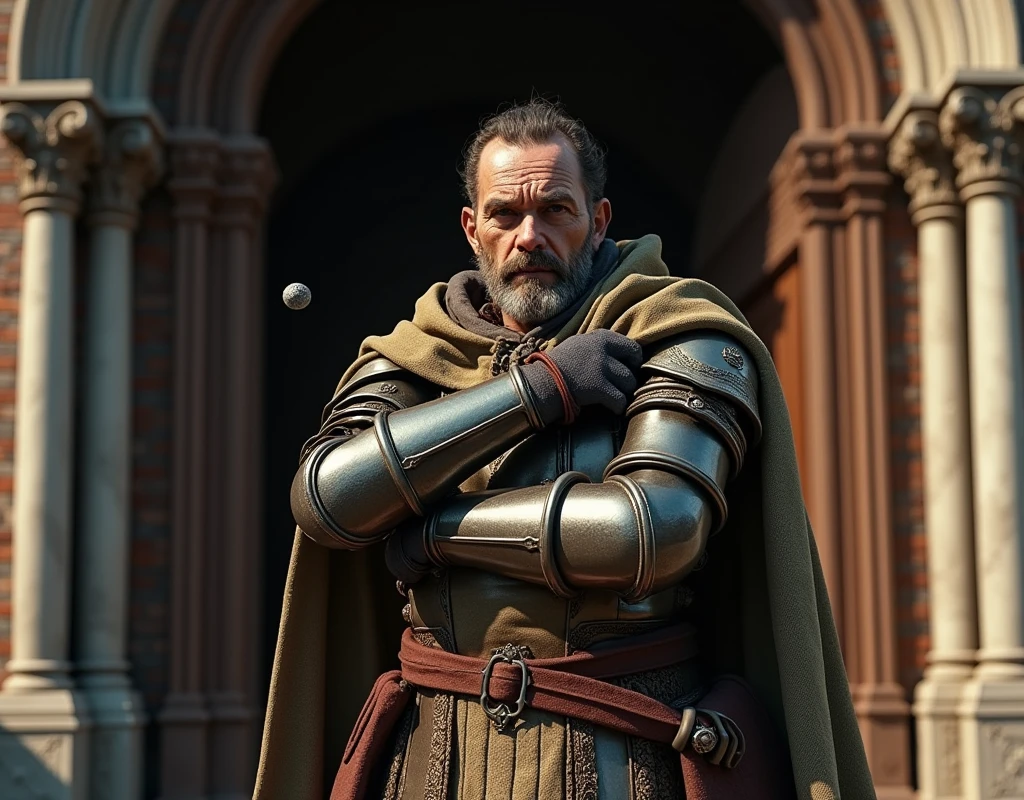 (photorealism:1.2), medieval doorman getting hit by a pebble
