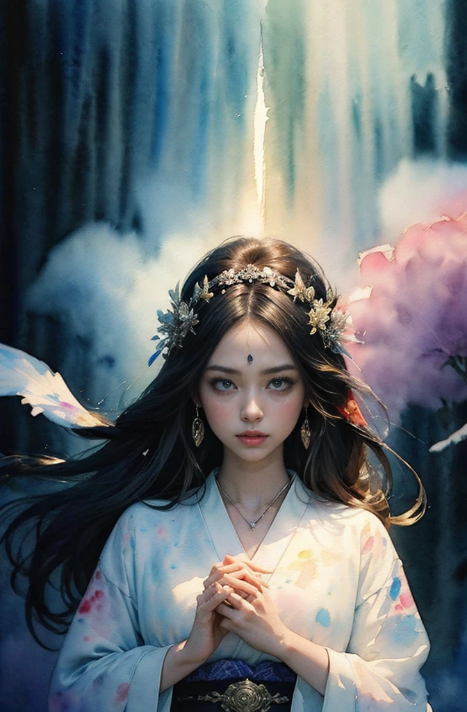 (Tabletop, Highest qualityの, Highest quality, Official Art, (beautifully、aesthetic:1.4), (Watercolor:1.4) ), (Izanami 1.5), 日本のgod話の女god, Majestic beauty, 創造の女god、生命の女god、Typically、((((Typically))))、Reincarnation Support, god'Grace, Gentle and meditative expressions, Flowing, celestial garments, Shine、god秘的な着物姿、Full moon in the upper left of the background、Night view、moon on top left、