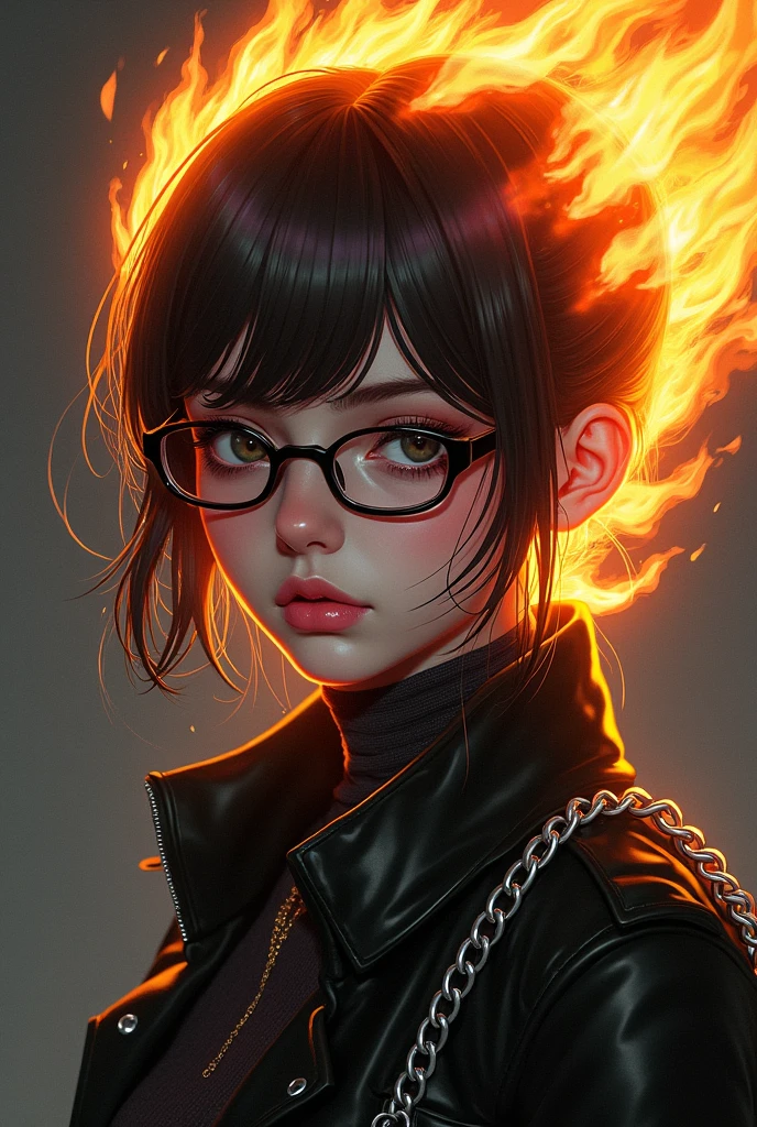 a 21yo girl wearing black glasses with an exahusted face, hair on fire, jacket with chains