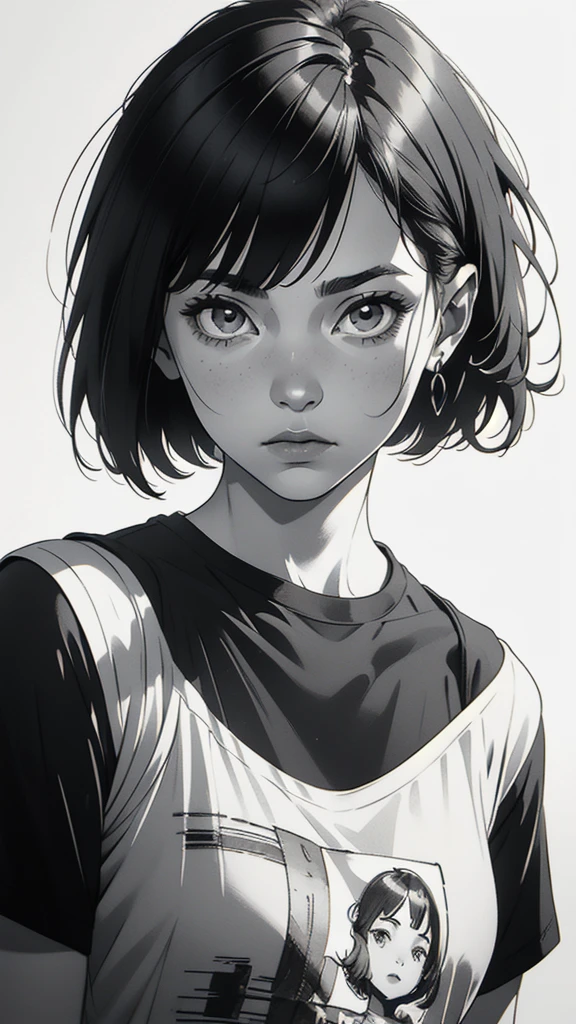 1 boyish girl, solo, sharp eyes, monochrome, greyscale, short black hair, portrait, white T-shirt, thin eyebrows, closed mouth, looking at viewer, graphite \(medium\), detailed lips, hatching \(texture\), without makeup, full bangs, upper body, (best illustration), (best quality), (very detailed), (masterpiece), expressionless,