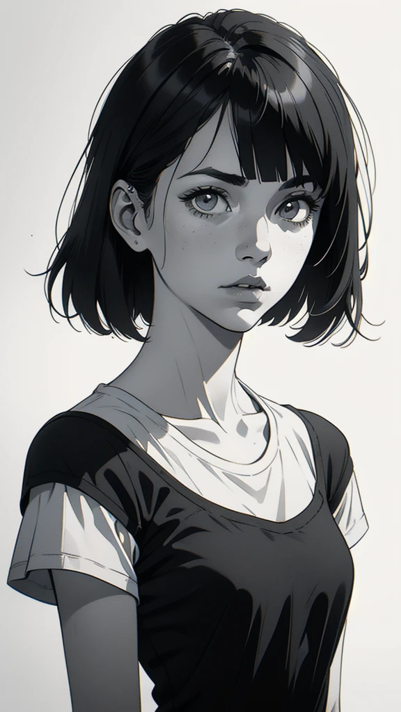 1 boyish girl, solo, sharp eyes, monochrome, greyscale, short black hair, portrait, white T-shirt, thin eyebrows, closed mouth, looking at viewer, graphite \(medium\), detailed lips, hatching \(texture\), without makeup, full bangs, upper body, (best illustration), (best quality), (very detailed), (masterpiece), expressionless,