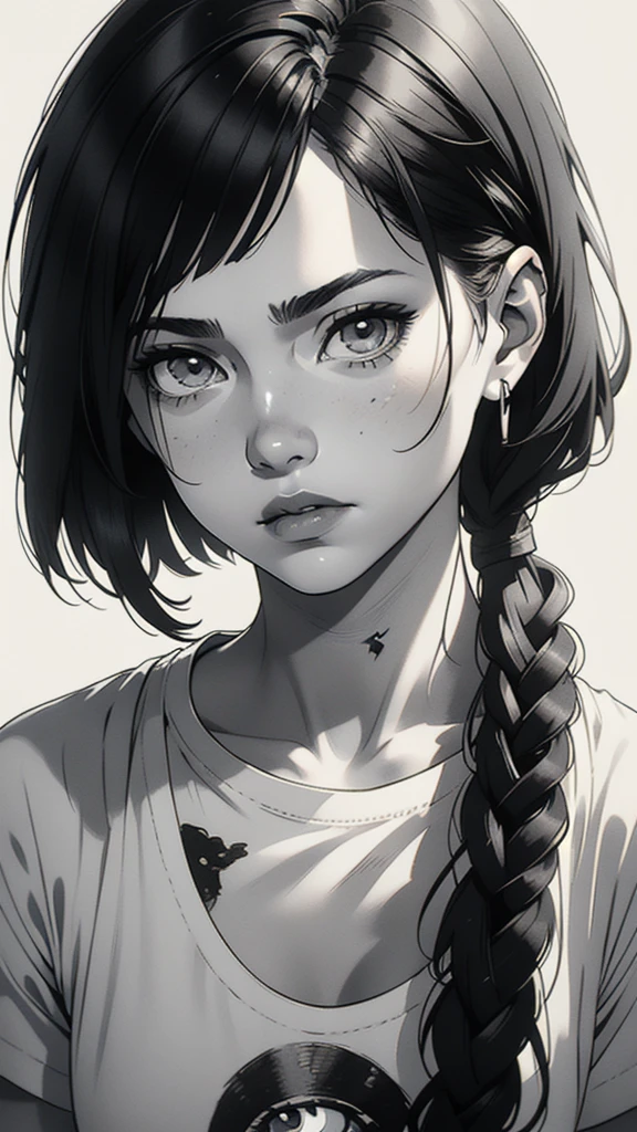 1 boyish girl, solo, sharp eyes, monochrome, greyscale, short black hair, portrait, white T-shirt, thin eyebrows, closed mouth, looking at viewer, graphite \(medium\), detailed lips, hatching \(texture\), without makeup, full bangs, upper body, (best illustration), (best quality), (very detailed), (masterpiece), expressionless,