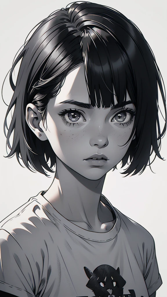 1 boyish girl, solo, sharp eyes, monochrome, greyscale, short black hair, portrait, white T-shirt, thin eyebrows, closed mouth, looking at viewer, graphite \(medium\), detailed lips, hatching \(texture\), without makeup, full bangs, upper body, (best illustration), (best quality), (very detailed), (masterpiece), expressionless,