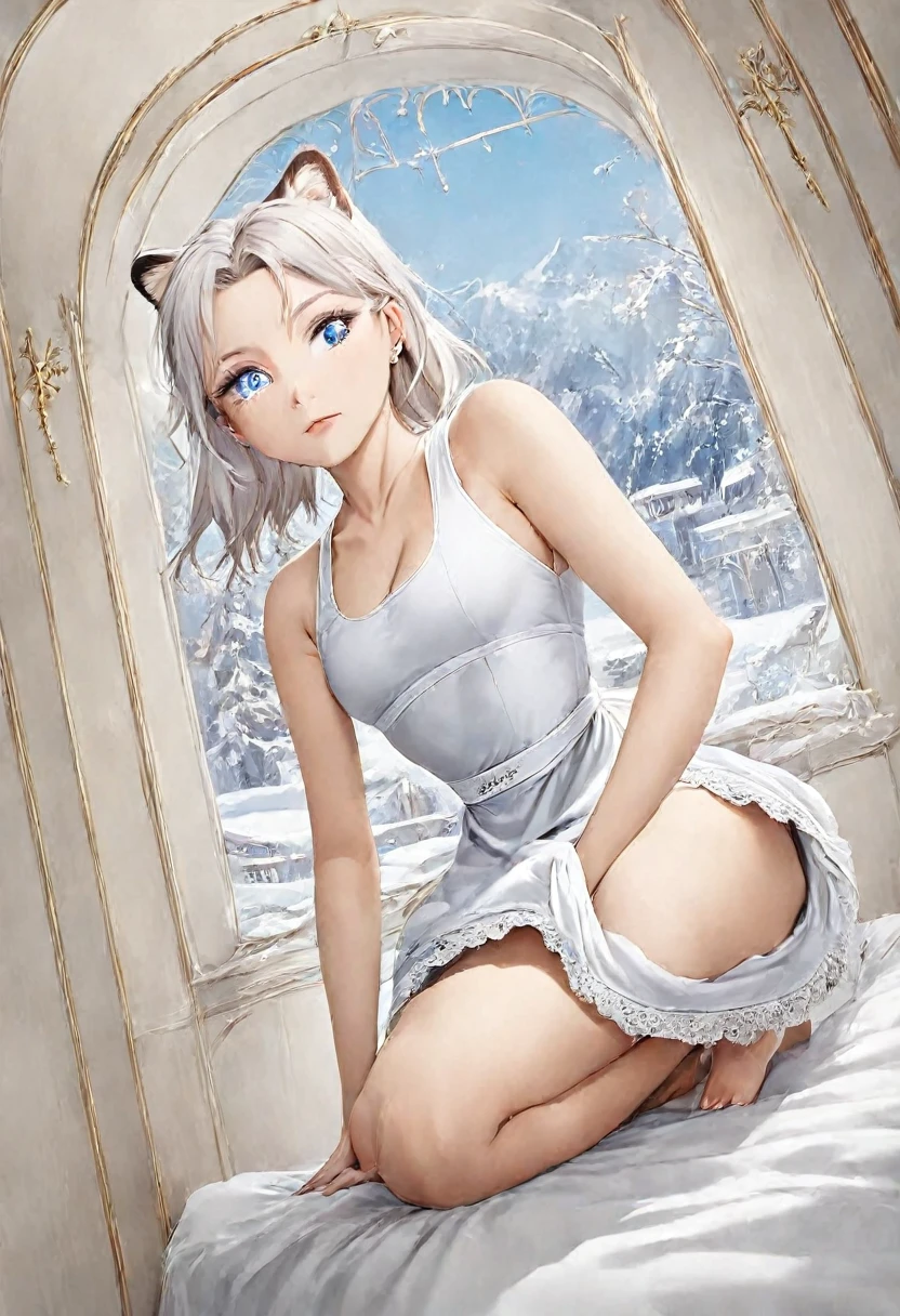 highest quality, ultra high resolution, super detailed, gorgeous, masterpiece, best quality, high resolution finely detailed, extremely beautiful, distinct image, hourglass figure, 1 girl, 2, (front-view), (side-view), soft and beautiful facial features, symmetrical face, simple sleeveless black frilly dress that clings tightly to her body, white waist apron, piercing blue eyes, innocent doe shaped eyes, well endowed E-cup breasts, tall height(190cm), slim and slender curvy body, athletic and flexible physiques, flowing snow-white hair, narrow waist, long legs, opulent bedroom background, snow-white skin, hip-level shot, snow-white feline tiger ears, white striped tiger tail protruding out her back, front-view,