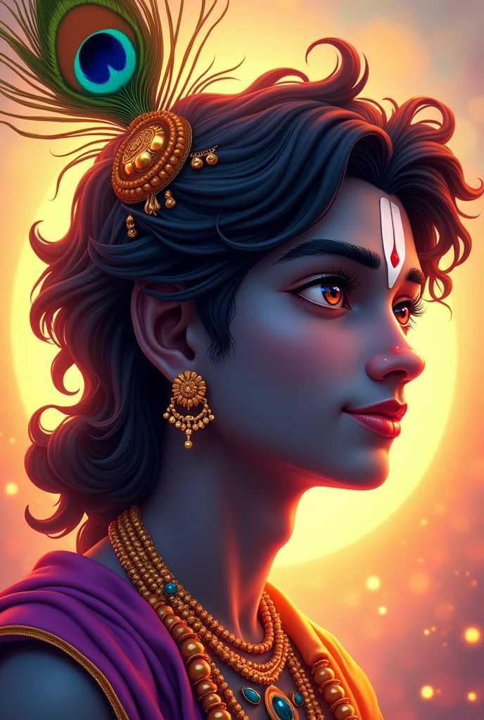 Creat vibrant lines image of krishna having a peacocks feather in his hair ,have cute smile,spread divine aura,9:16 image ratio, ultra hd ,vibrant  
