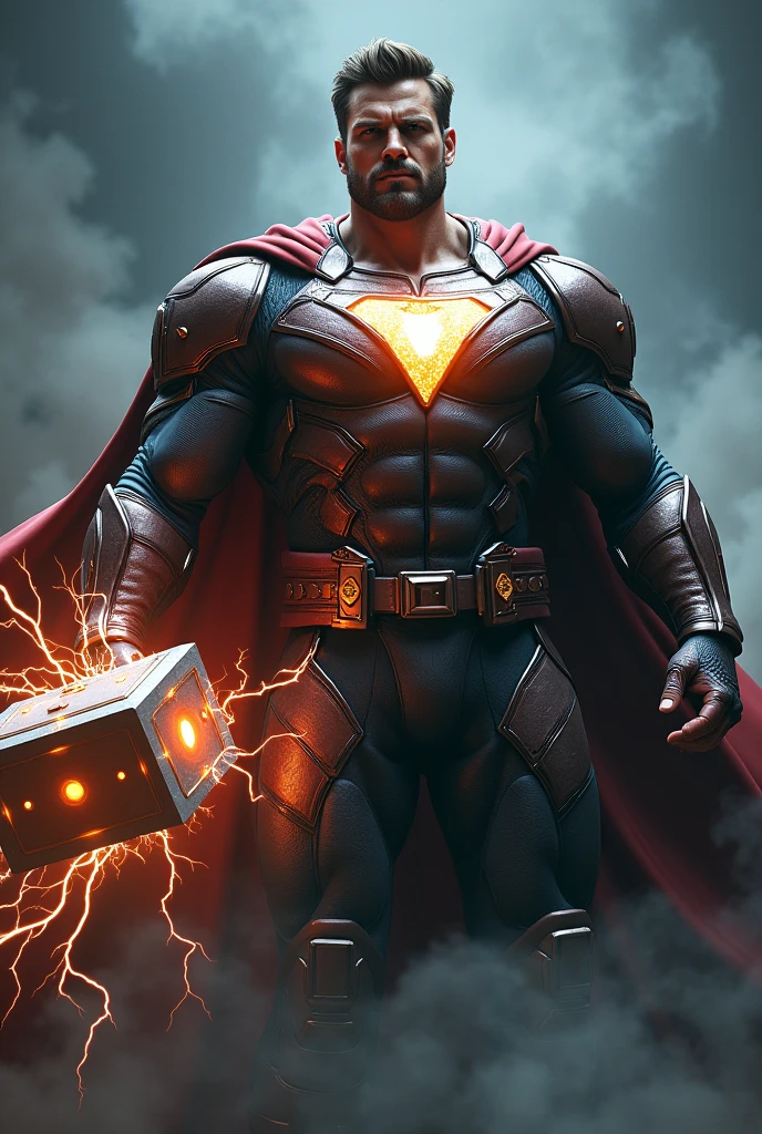Create an image that closely resembles the original, capturing the realistic and beautiful essence as depicted. The image should feature a character in a detailed superhero costume with a prominent chest piece emitting light, wearing a cape, and holding a hammer surrounded by electricity. The background should be atmospheric with a hint of smoke to enhance the dramatic effect.