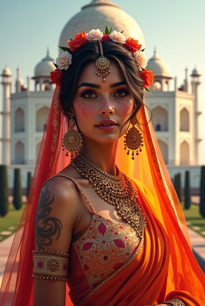 Create a digital painting showcasing vibrant Indian ethnic clothing, henna patterns, and floral jewelry on a female model set against backdrops of the Taj Mahal celebrating the culture.